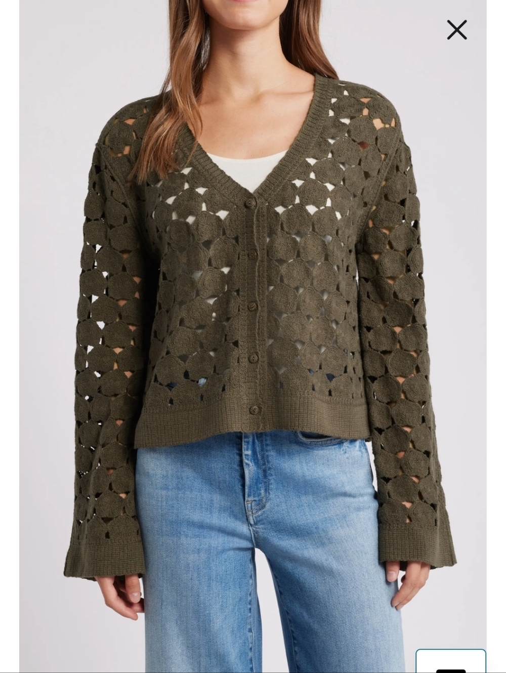 bobeau Olive Green Bell Sleeve Crochet Cardigan